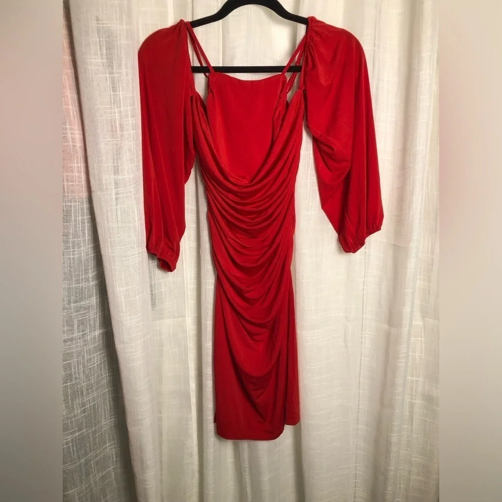VENUS Red Draped Puff Long Sleeve Dress Small NWOT